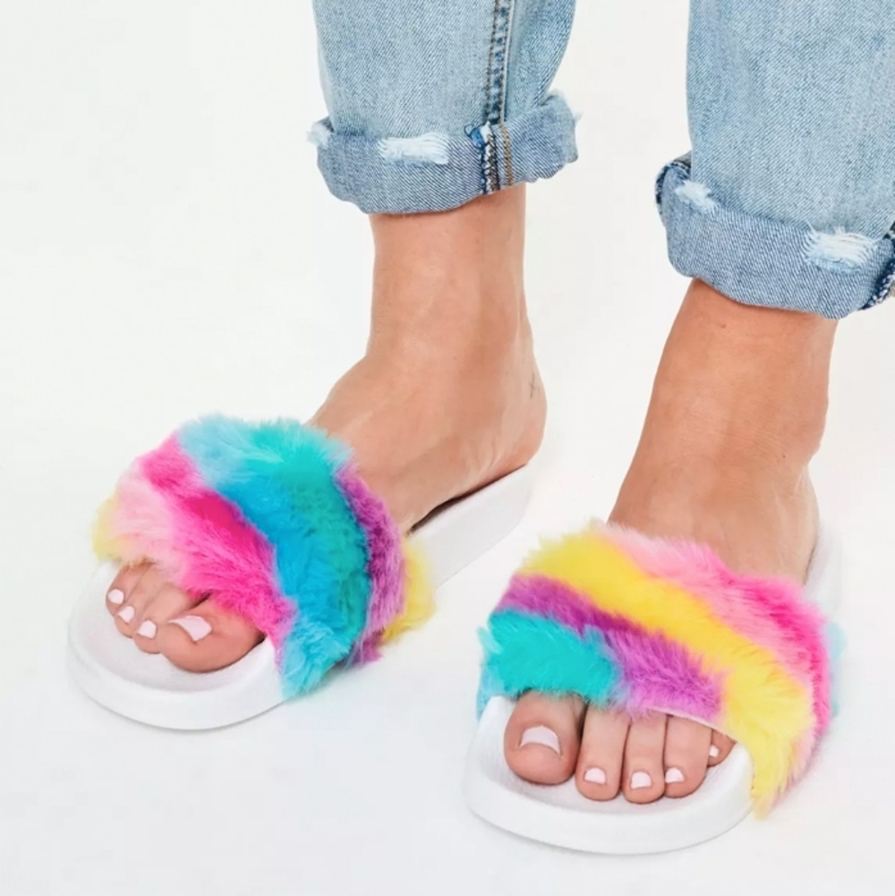 Colorful Faux Fur Slide Sandals